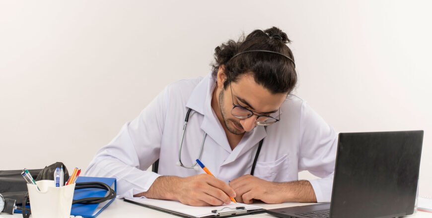 young-male-doctor-with-medical-glasses-wearing-medical-robe-with-stethoscope-sitting-rrr